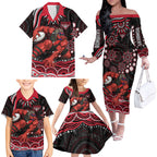 Personalized Essendon Bombers Rugby Family Matching Off The Shoulder Long Sleeve Dress and Hawaiian Shirt Aboriginal Dot Art - Dreamtime Football Mascot