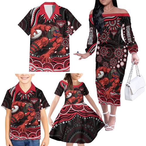 Personalized Essendon Bombers Rugby Family Matching Off The Shoulder Long Sleeve Dress and Hawaiian Shirt Aboriginal Dot Art - Dreamtime Football Mascot