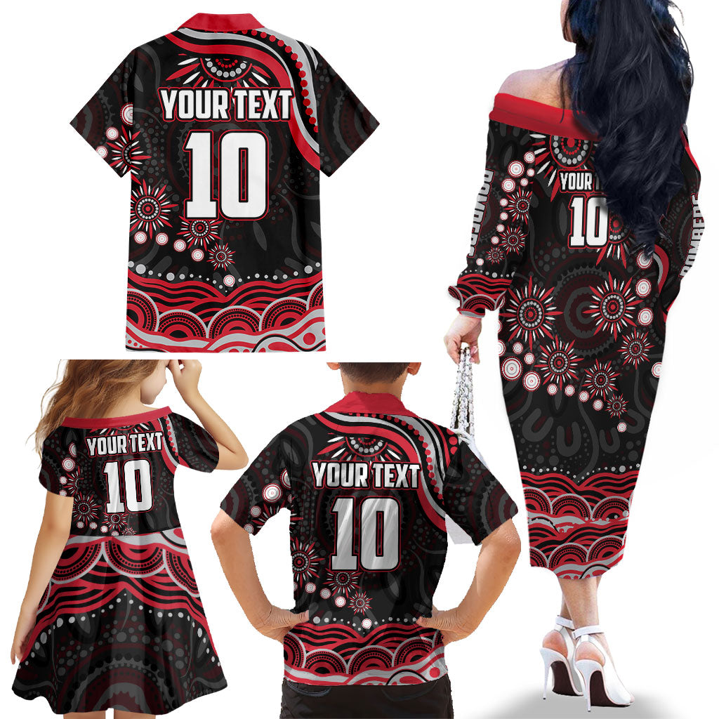 Personalized Essendon Bombers Rugby Family Matching Off The Shoulder Long Sleeve Dress and Hawaiian Shirt Aboriginal Dot Art - Dreamtime Football Mascot