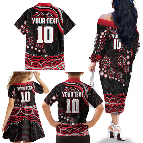 Personalized Essendon Bombers Rugby Family Matching Off The Shoulder Long Sleeve Dress and Hawaiian Shirt Aboriginal Dot Art - Dreamtime Football Mascot