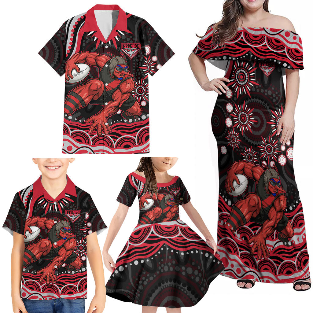 Personalized Essendon Bombers Rugby Family Matching Off Shoulder Maxi Dress and Hawaiian Shirt Aboriginal Dot Art - Dreamtime Football Mascot