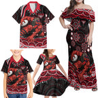 Personalized Essendon Bombers Rugby Family Matching Off Shoulder Maxi Dress and Hawaiian Shirt Aboriginal Dot Art - Dreamtime Football Mascot