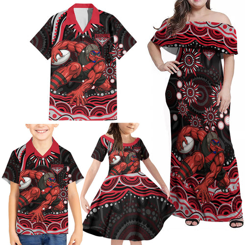 Personalized Essendon Bombers Rugby Family Matching Off Shoulder Maxi Dress and Hawaiian Shirt Aboriginal Dot Art - Dreamtime Football Mascot