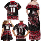 Personalized Essendon Bombers Rugby Family Matching Off Shoulder Maxi Dress and Hawaiian Shirt Aboriginal Dot Art - Dreamtime Football Mascot