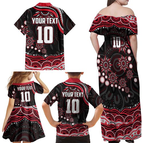 Personalized Essendon Bombers Rugby Family Matching Off Shoulder Maxi Dress and Hawaiian Shirt Aboriginal Dot Art - Dreamtime Football Mascot