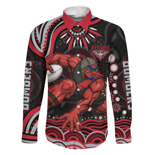 Personalized Essendon Bombers Rugby Family Matching Off Shoulder Maxi Dress and Hawaiian Shirt Aboriginal Dot Art - Dreamtime Football Mascot