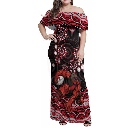 Personalized Essendon Bombers Rugby Family Matching Off Shoulder Maxi Dress and Hawaiian Shirt Aboriginal Dot Art - Dreamtime Football Mascot