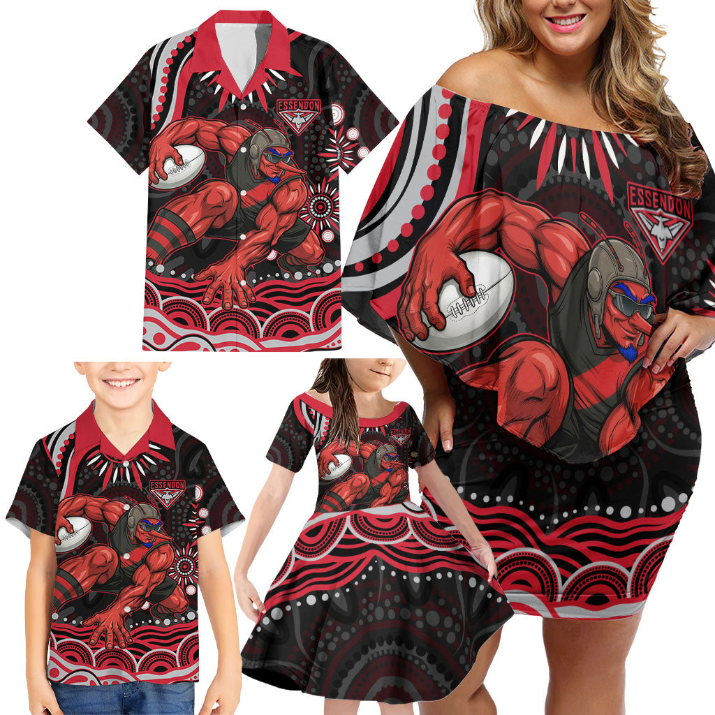 Personalized Essendon Bombers Rugby Family Matching Off Shoulder Short Dress and Hawaiian Shirt Aboriginal Dot Art - Dreamtime Football Mascot