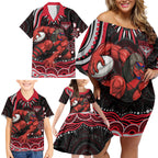 Personalized Essendon Bombers Rugby Family Matching Off Shoulder Short Dress and Hawaiian Shirt Aboriginal Dot Art - Dreamtime Football Mascot