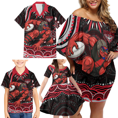 Personalized Essendon Bombers Rugby Family Matching Off Shoulder Short Dress and Hawaiian Shirt Aboriginal Dot Art - Dreamtime Football Mascot
