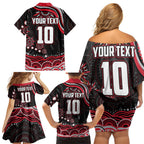 Personalized Essendon Bombers Rugby Family Matching Off Shoulder Short Dress and Hawaiian Shirt Aboriginal Dot Art - Dreamtime Football Mascot