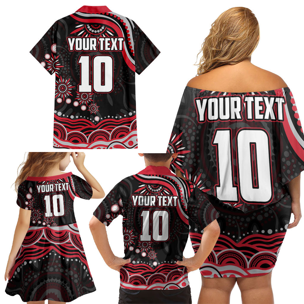 Personalized Essendon Bombers Rugby Family Matching Off Shoulder Short Dress and Hawaiian Shirt Aboriginal Dot Art - Dreamtime Football Mascot
