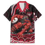 Personalized Essendon Bombers Rugby Family Matching Off Shoulder Short Dress and Hawaiian Shirt Aboriginal Dot Art - Dreamtime Football Mascot
