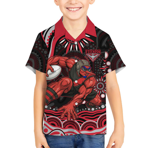 Personalized Essendon Bombers Rugby Family Matching Off Shoulder Short Dress and Hawaiian Shirt Aboriginal Dot Art - Dreamtime Football Mascot