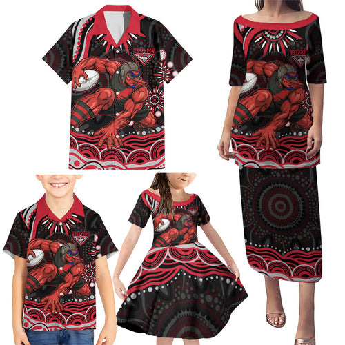 Personalized Essendon Bombers Rugby Family Matching Puletasi and Hawaiian Shirt Aboriginal Dot Art - Dreamtime Football Mascot