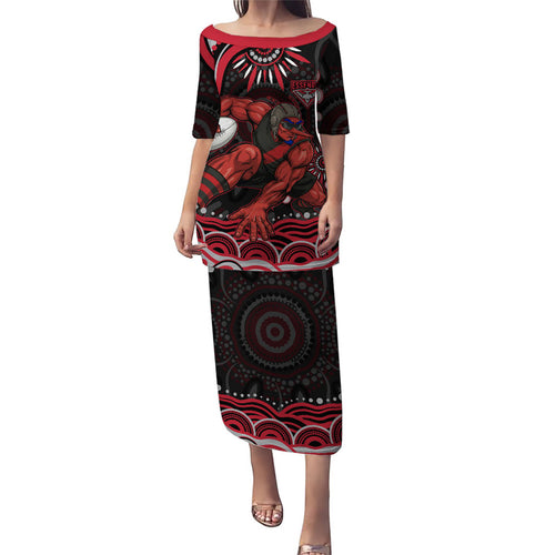 Personalized Essendon Bombers Rugby Family Matching Puletasi and Hawaiian Shirt Aboriginal Dot Art - Dreamtime Football Mascot