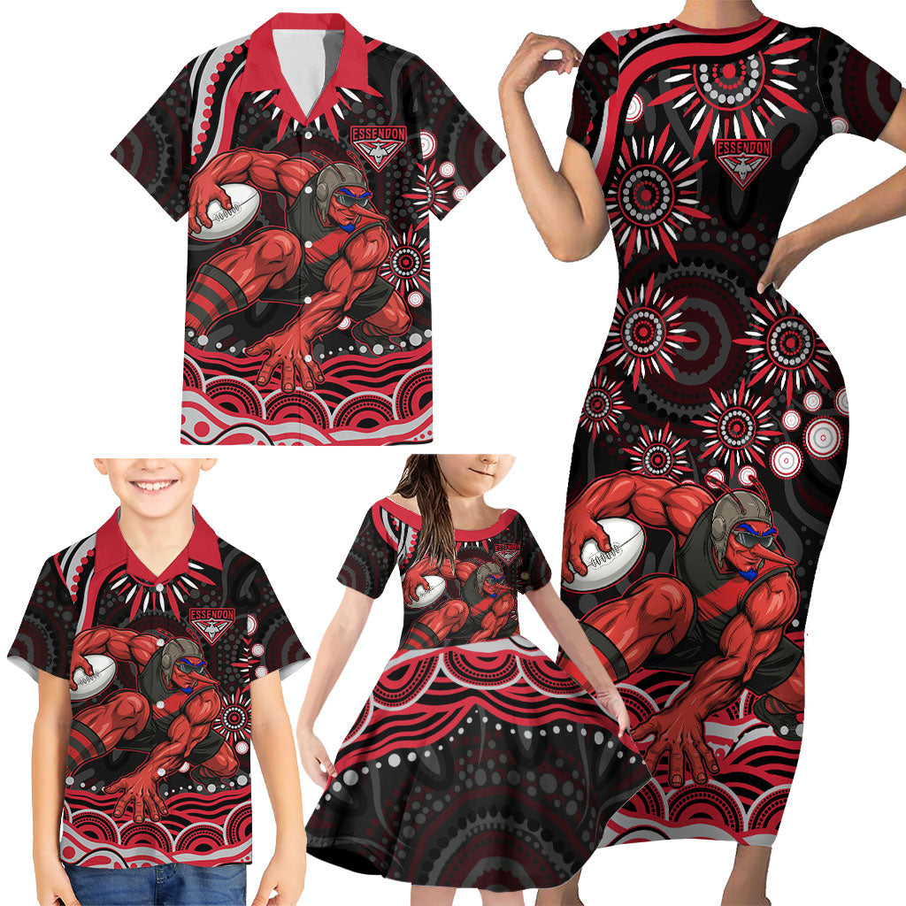 Personalized Essendon Bombers Rugby Family Matching Short Sleeve Bodycon Dress and Hawaiian Shirt Aboriginal Dot Art - Dreamtime Football Mascot