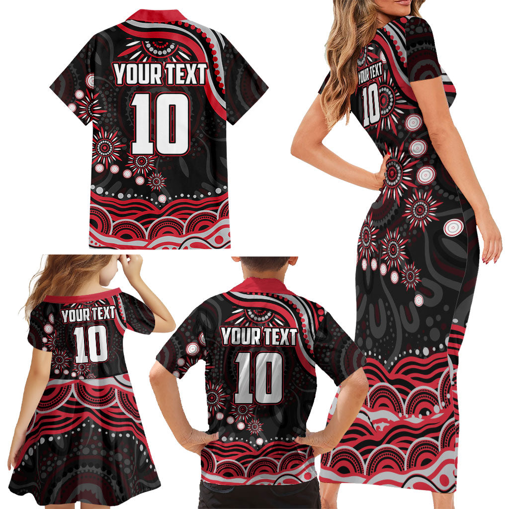 Personalized Essendon Bombers Rugby Family Matching Short Sleeve Bodycon Dress and Hawaiian Shirt Aboriginal Dot Art - Dreamtime Football Mascot