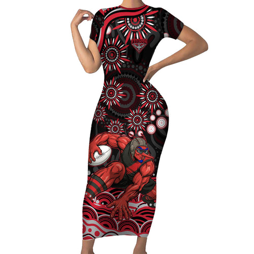 Personalized Essendon Bombers Rugby Family Matching Short Sleeve Bodycon Dress and Hawaiian Shirt Aboriginal Dot Art - Dreamtime Football Mascot