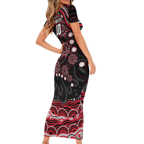 Personalized Essendon Bombers Rugby Family Matching Short Sleeve Bodycon Dress and Hawaiian Shirt Aboriginal Dot Art - Dreamtime Football Mascot