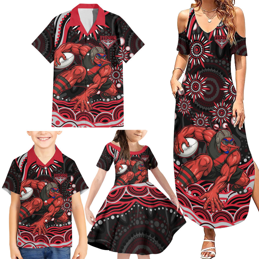 Personalized Essendon Bombers Rugby Family Matching Summer Maxi Dress and Hawaiian Shirt Aboriginal Dot Art - Dreamtime Football Mascot