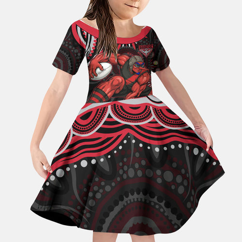 Personalized Essendon Bombers Rugby Family Matching Summer Maxi Dress and Hawaiian Shirt Aboriginal Dot Art - Dreamtime Football Mascot