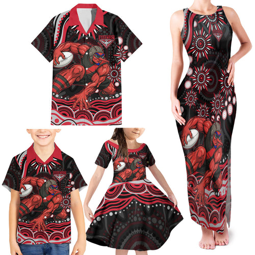 Personalized Essendon Bombers Rugby Family Matching Tank Maxi Dress and Hawaiian Shirt Aboriginal Dot Art - Dreamtime Football Mascot