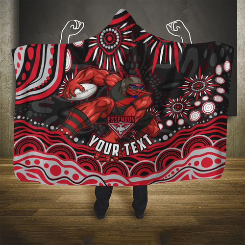 Personalized Essendon Bombers Rugby Hooded Blanket Aboriginal Dot Art - Dreamtime Football Mascot