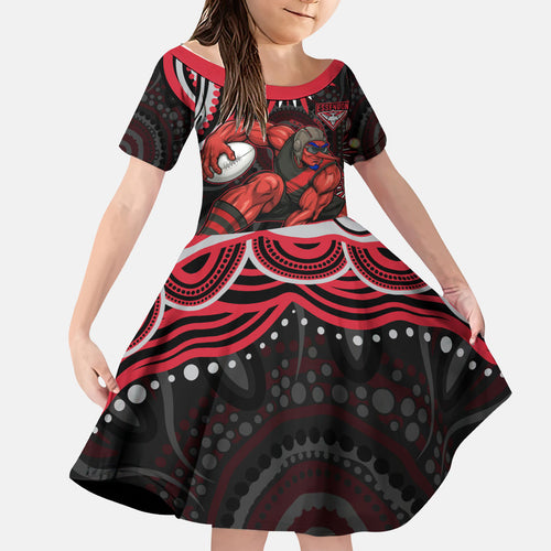 Personalized Essendon Bombers Rugby Kid Short Sleeve Dress Aboriginal Dot Art - Dreamtime Football Mascot