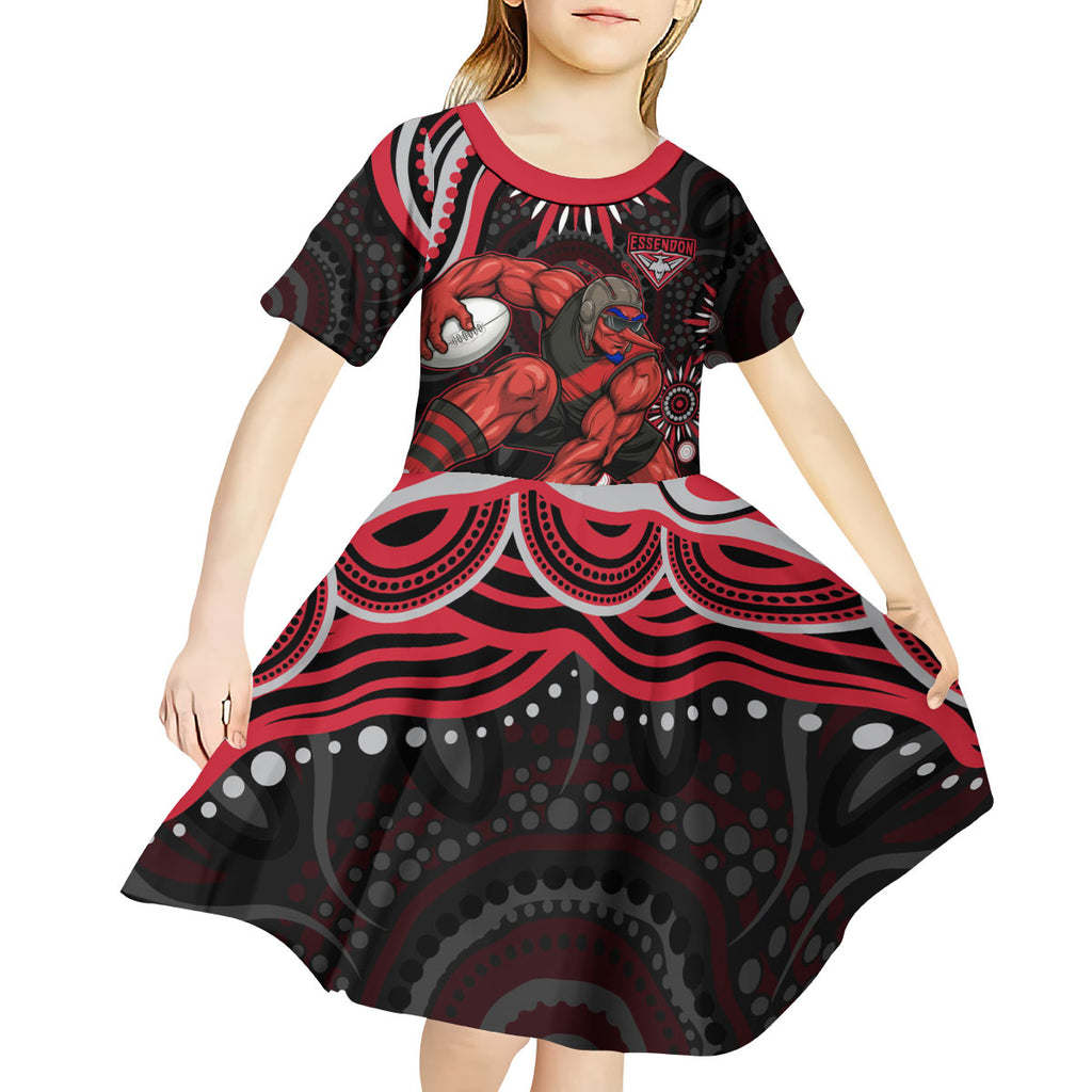 Personalized Essendon Bombers Rugby Kid Short Sleeve Dress Aboriginal Dot Art - Dreamtime Football Mascot