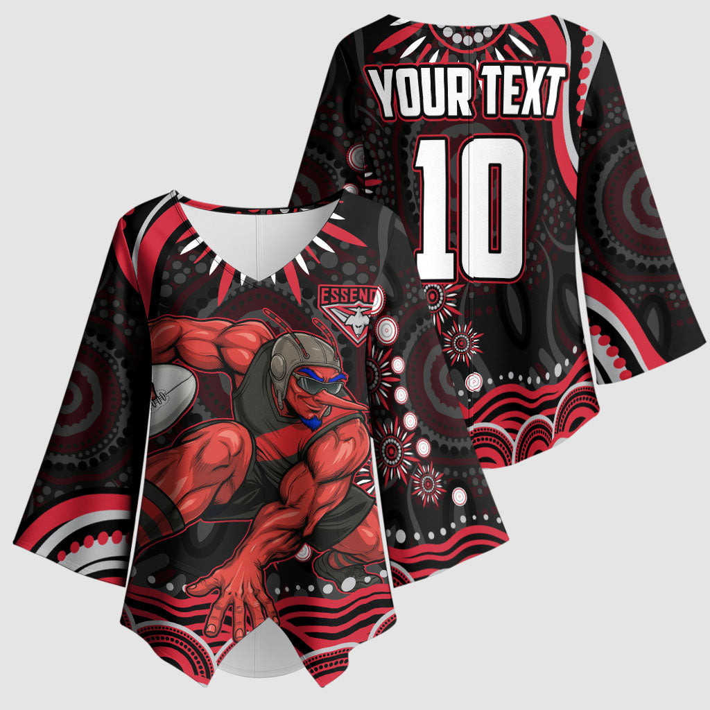 Personalized Essendon Bombers Rugby Kimono Sleeve Blouse Aboriginal Dot Art - Dreamtime Football Mascot