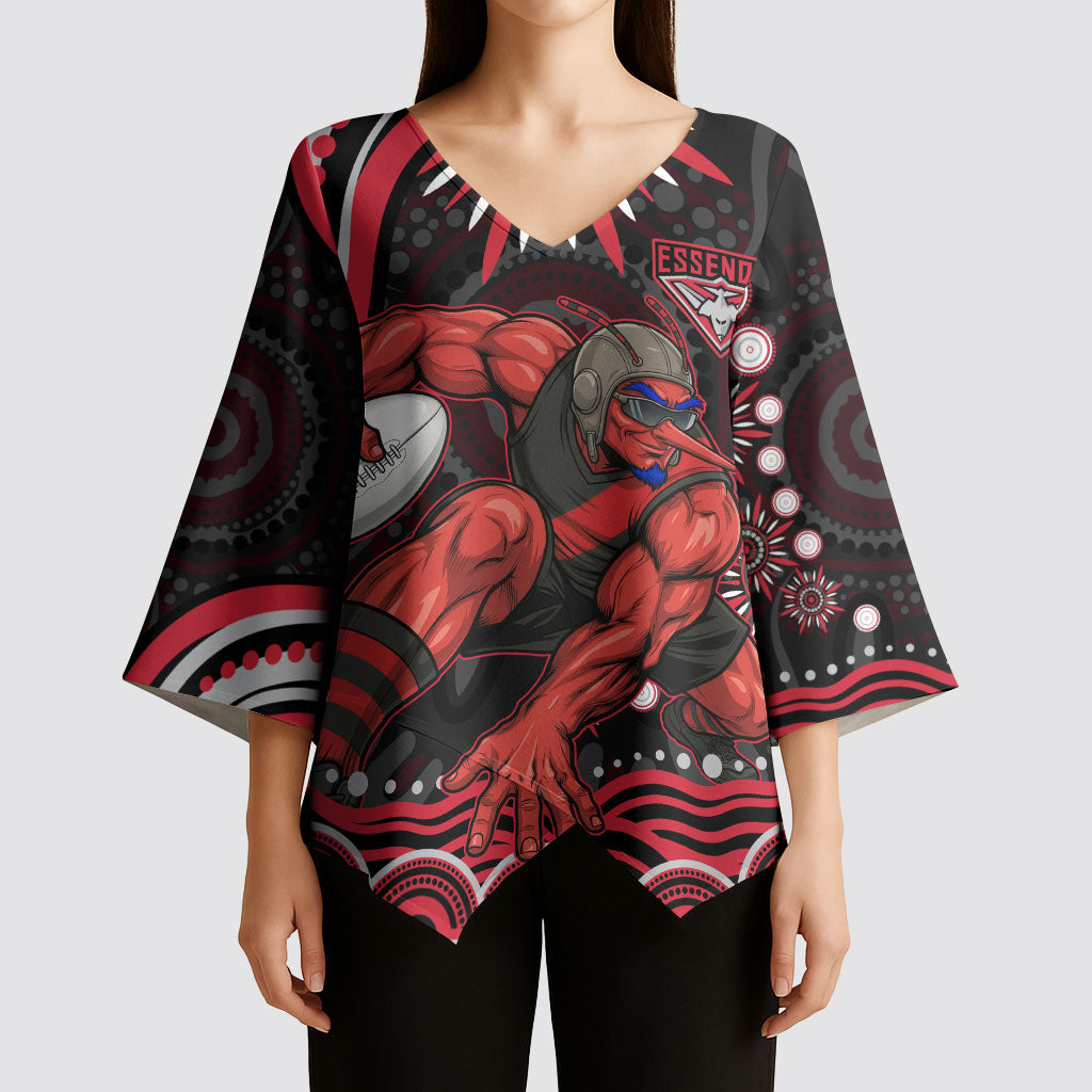 Personalized Essendon Bombers Rugby Kimono Sleeve Blouse Aboriginal Dot Art - Dreamtime Football Mascot