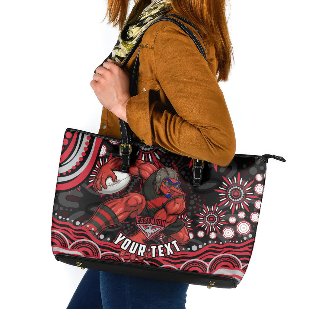 Personalized Essendon Bombers Rugby Leather Tote Bag Aboriginal Dot Art - Dreamtime Football Mascot