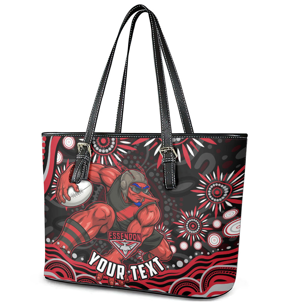 Personalized Essendon Bombers Rugby Leather Tote Bag Aboriginal Dot Art - Dreamtime Football Mascot