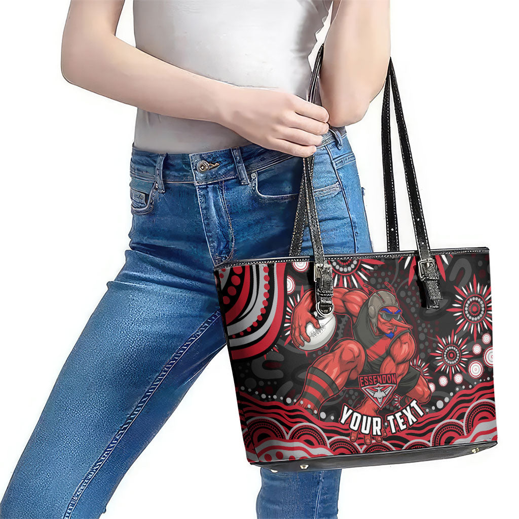 Personalized Essendon Bombers Rugby Leather Tote Bag Aboriginal Dot Art - Dreamtime Football Mascot