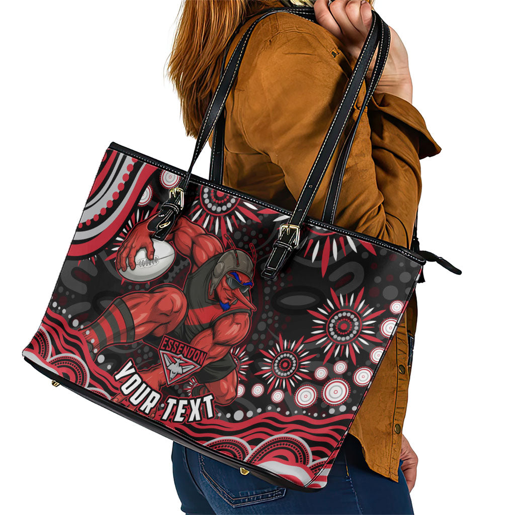 Personalized Essendon Bombers Rugby Leather Tote Bag Aboriginal Dot Art - Dreamtime Football Mascot