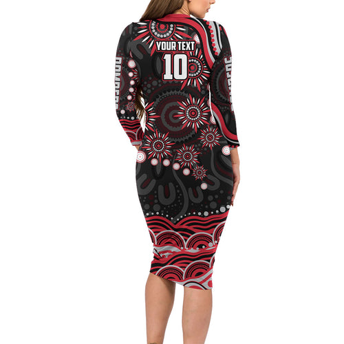 Personalized Essendon Bombers Rugby Long Sleeve Bodycon Dress Aboriginal Dot Art - Dreamtime Football Mascot
