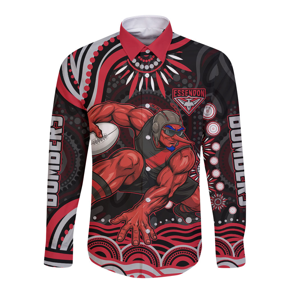Personalized Essendon Bombers Rugby Long Sleeve Button Shirt Aboriginal Dot Art - Dreamtime Football Mascot