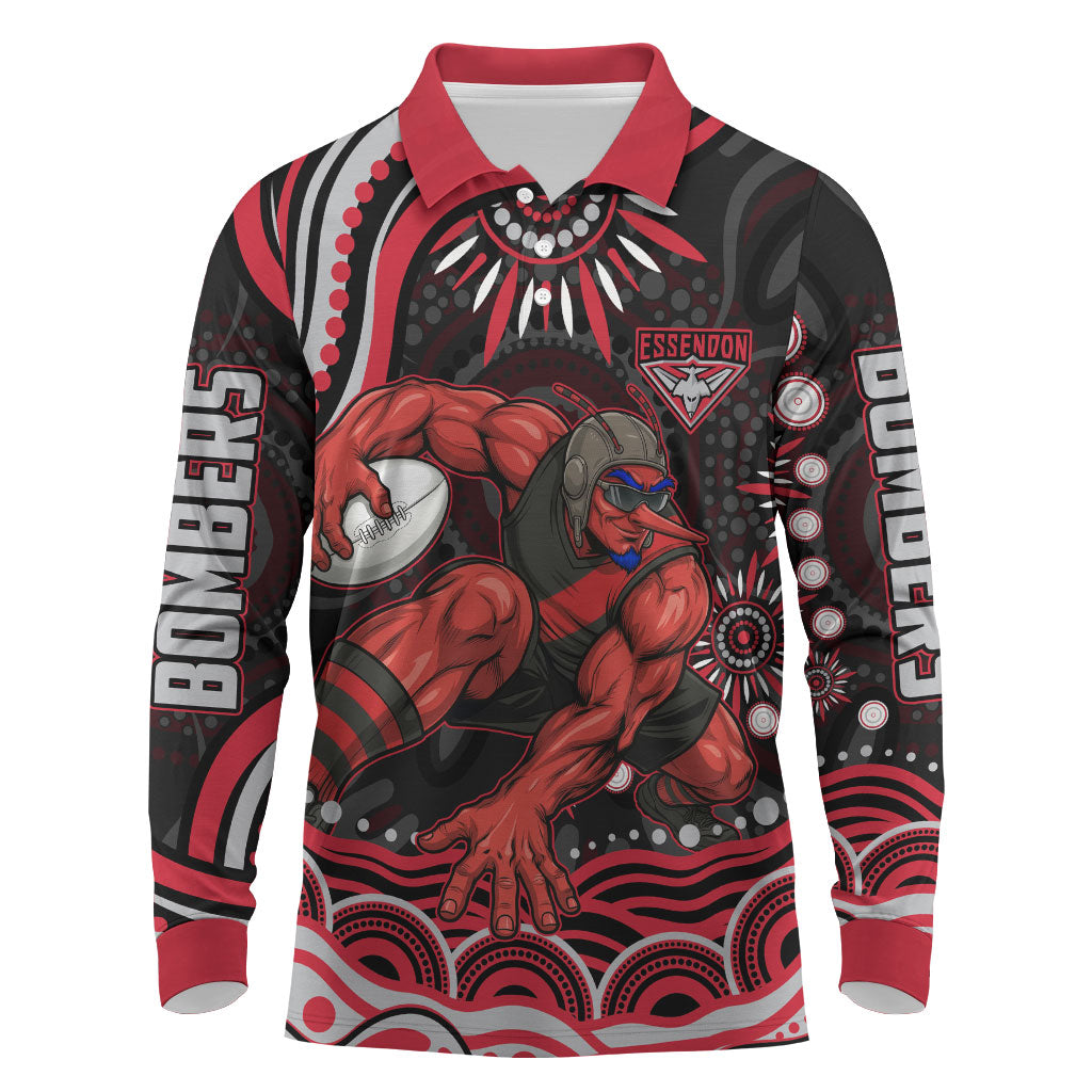 Personalized Essendon Bombers Rugby Long Sleeve Polo Shirt Aboriginal Dot Art - Dreamtime Football Mascot