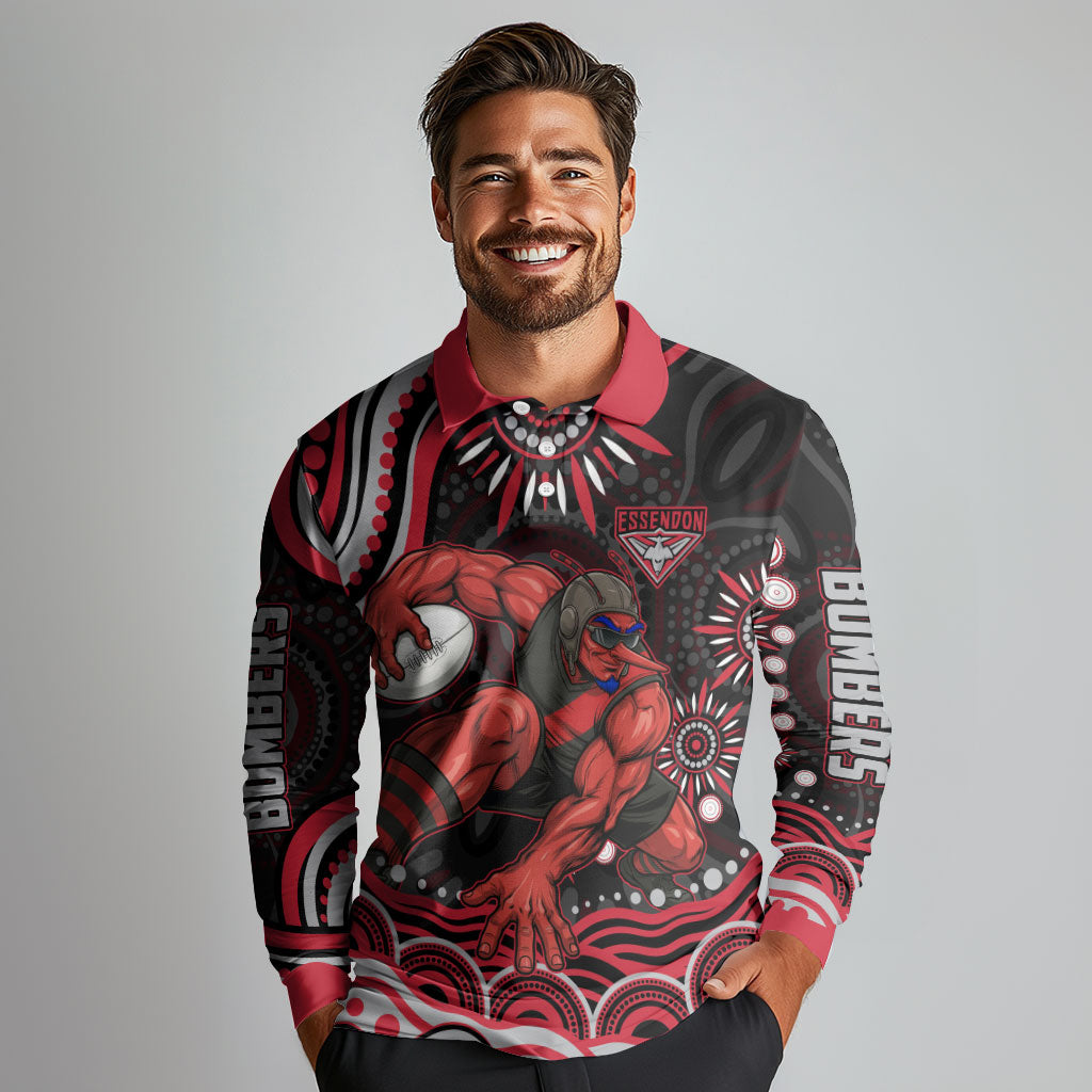 Personalized Essendon Bombers Rugby Long Sleeve Polo Shirt Aboriginal Dot Art - Dreamtime Football Mascot