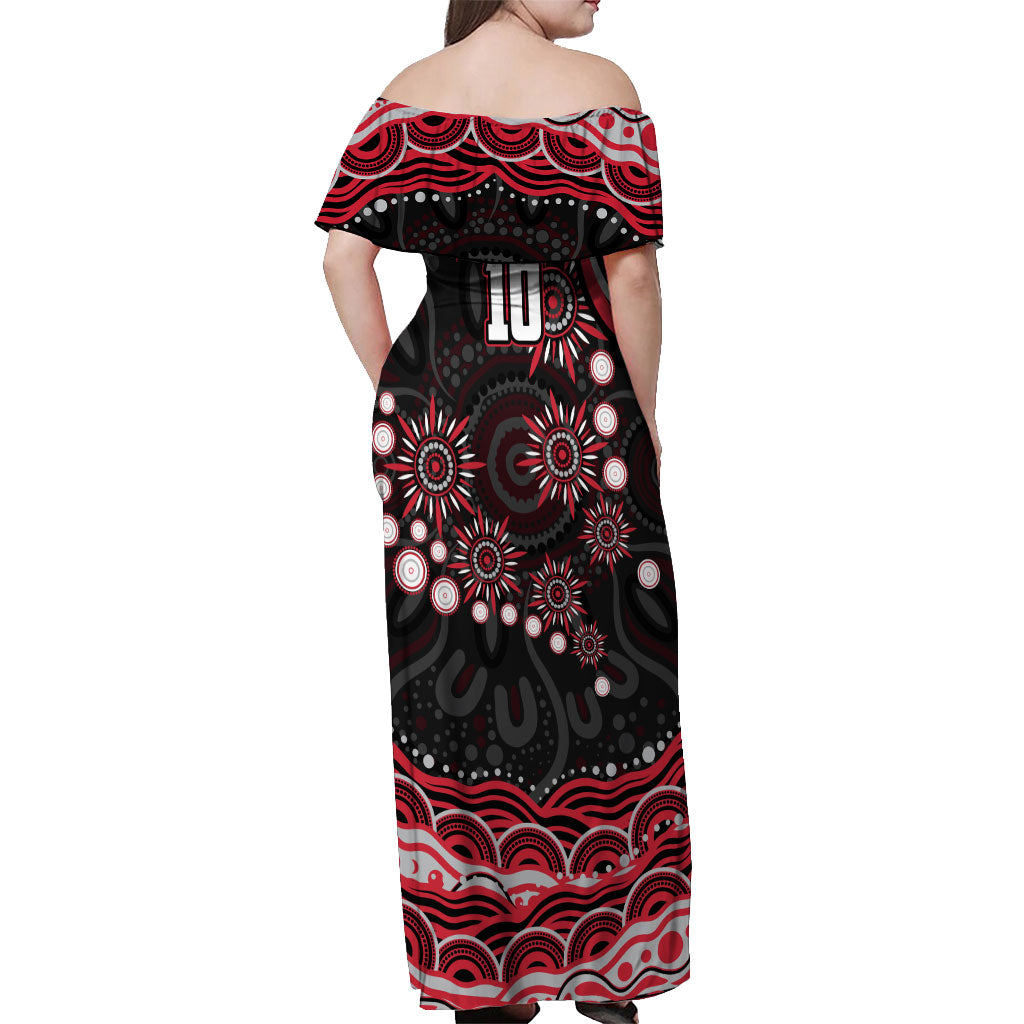 Personalized Essendon Bombers Rugby Off Shoulder Maxi Dress Aboriginal Dot Art - Dreamtime Football Mascot