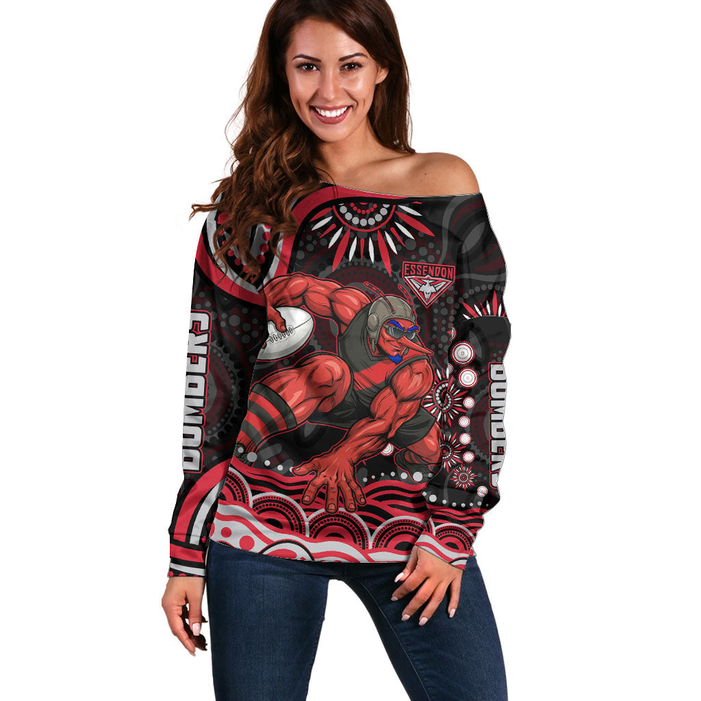 Personalized Essendon Bombers Rugby Off Shoulder Sweater Aboriginal Dot Art - Dreamtime Football Mascot