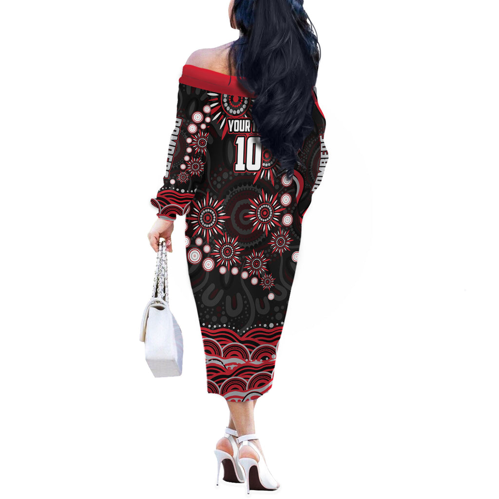 Personalized Essendon Bombers Rugby Off The Shoulder Long Sleeve Dress Aboriginal Dot Art - Dreamtime Football Mascot