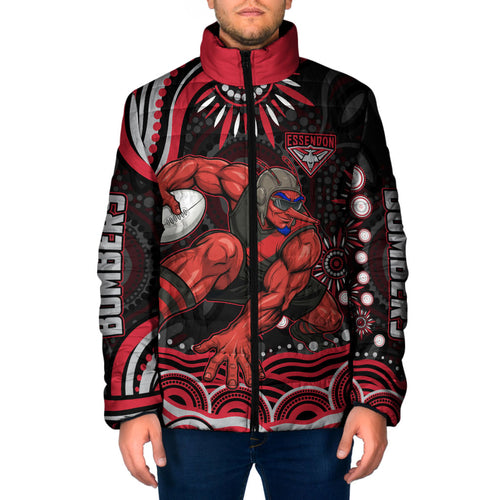 Personalized Essendon Bombers Rugby Padded Jacket Aboriginal Dot Art - Dreamtime Football Mascot