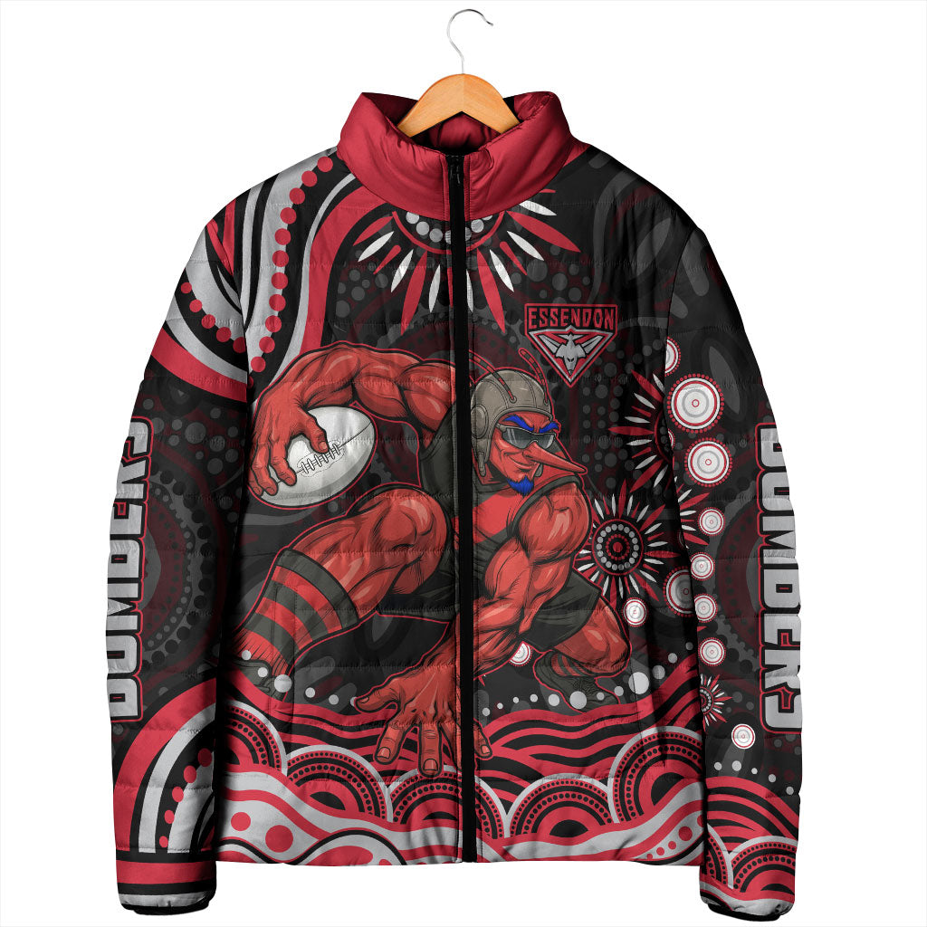 Personalized Essendon Bombers Rugby Padded Jacket Aboriginal Dot Art - Dreamtime Football Mascot