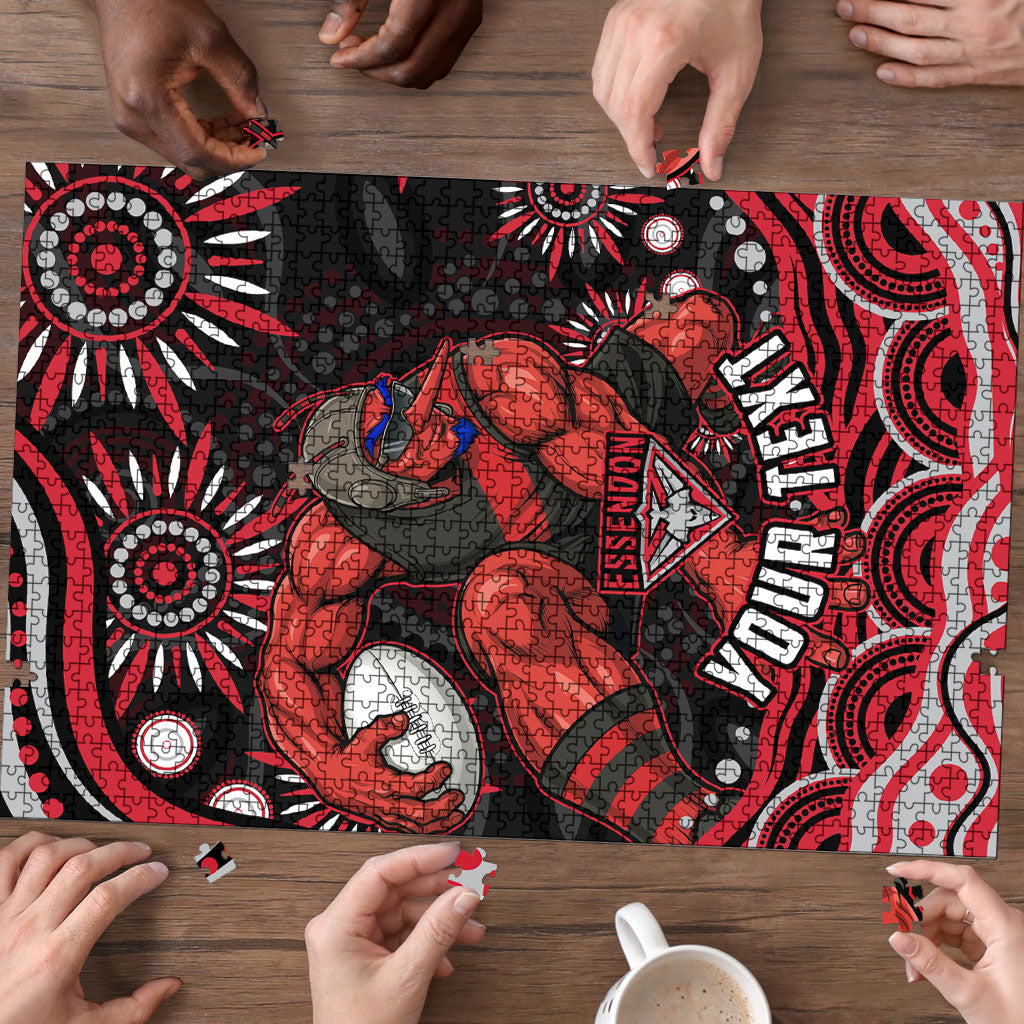 Personalized Essendon Bombers Rugby Puzzle Aboriginal Dot Art - Dreamtime Football Mascot