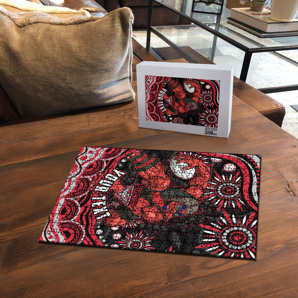 Personalized Essendon Bombers Rugby Puzzle Aboriginal Dot Art - Dreamtime Football Mascot