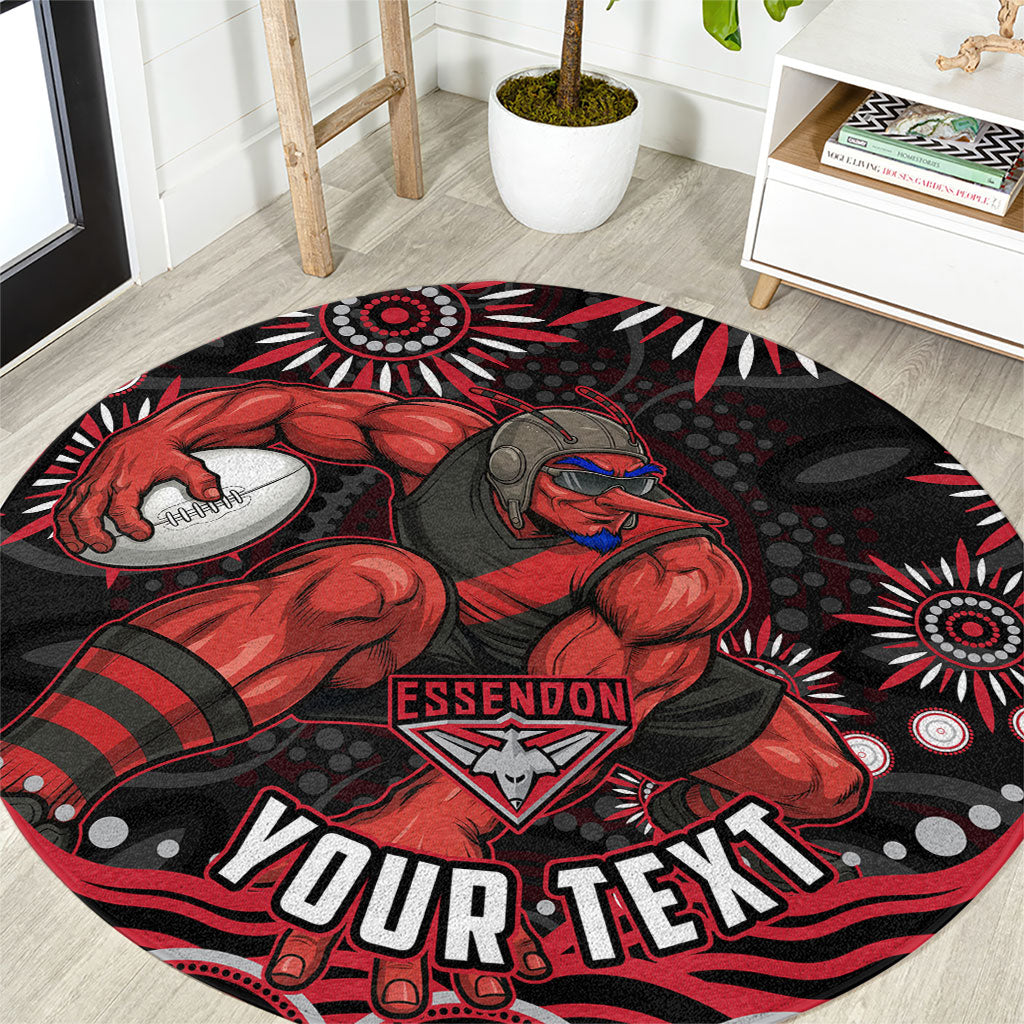 Personalized Essendon Bombers Rugby Round Carpet Aboriginal Dot Art - Dreamtime Football Mascot