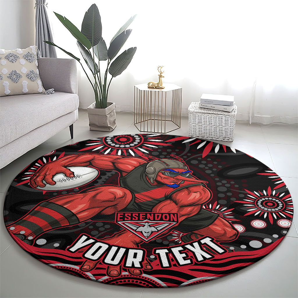 Personalized Essendon Bombers Rugby Round Carpet Aboriginal Dot Art - Dreamtime Football Mascot