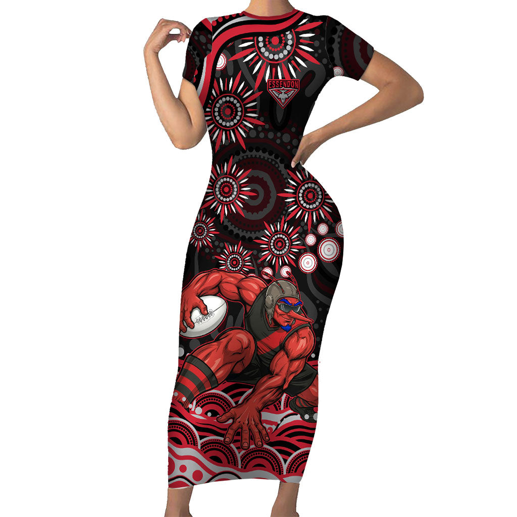 Personalized Essendon Bombers Rugby Short Sleeve Bodycon Dress Aboriginal Dot Art - Dreamtime Football Mascot